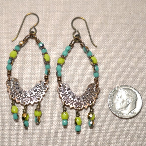 Hand Crafted Handmade Earrings Turquoise and Lime Copper Chandelier Earr… - Picture 3 of 5
